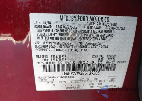 2008 Ford Taurus Sel из США, поврежденный, VIN 1FAHP27W38G139505